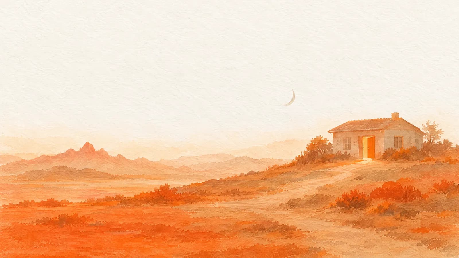 A small building on a hill at nightfall, its open door spilling orange light onto the path.