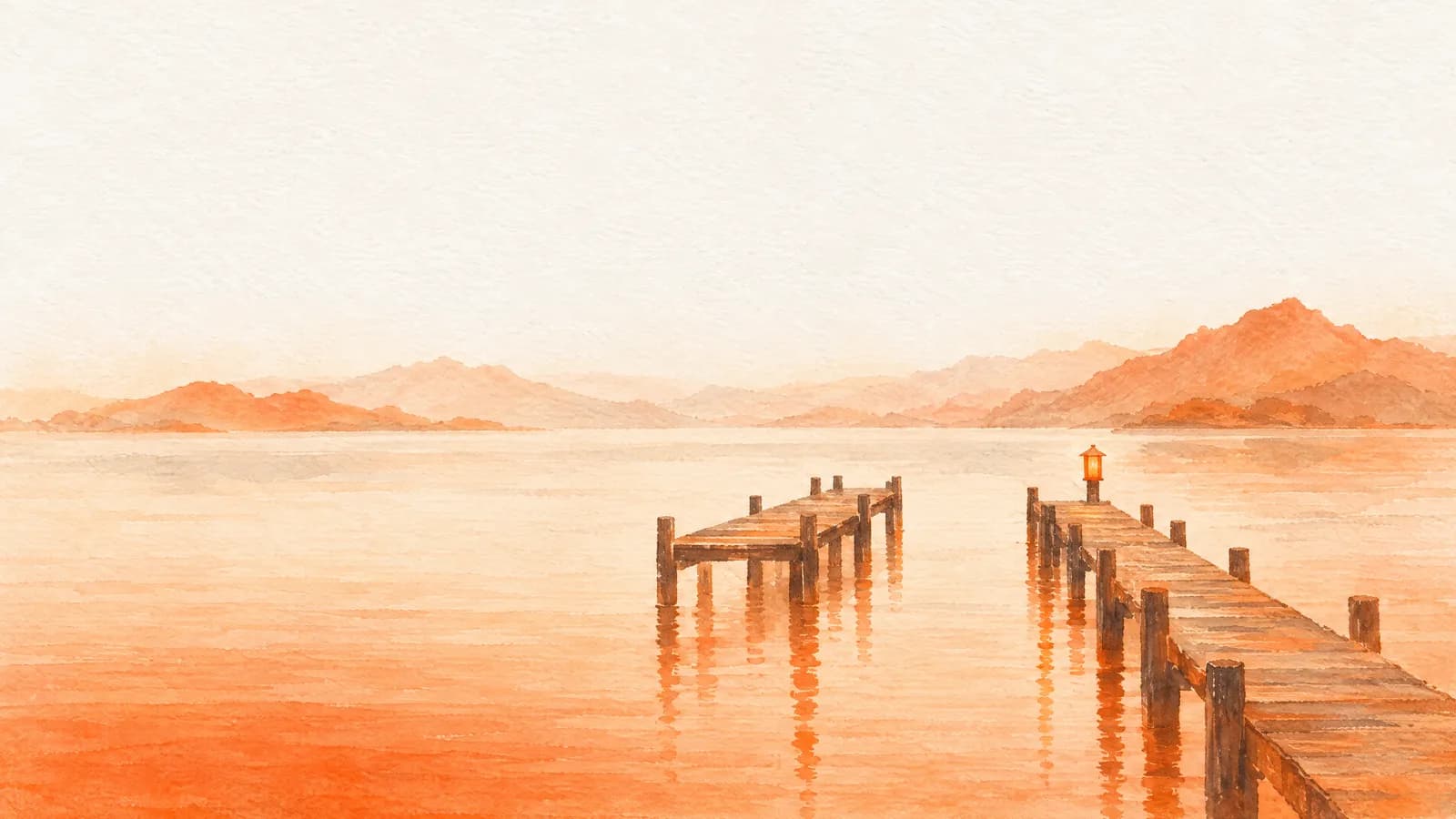 Two wooden piers reaching into still water, one ending in a lit lantern.