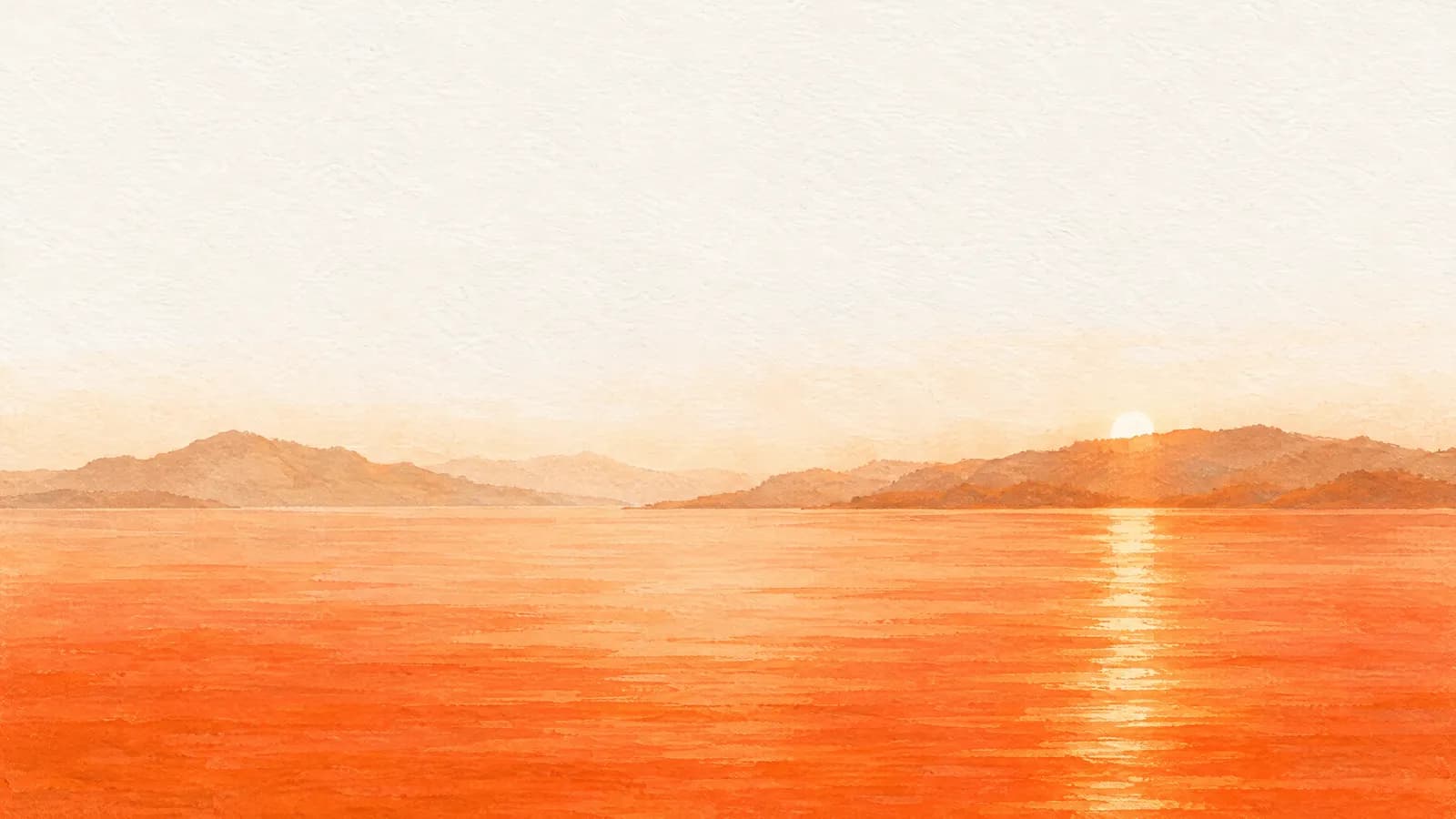 The morning sun just over a ridge, laying an orange path across still water.