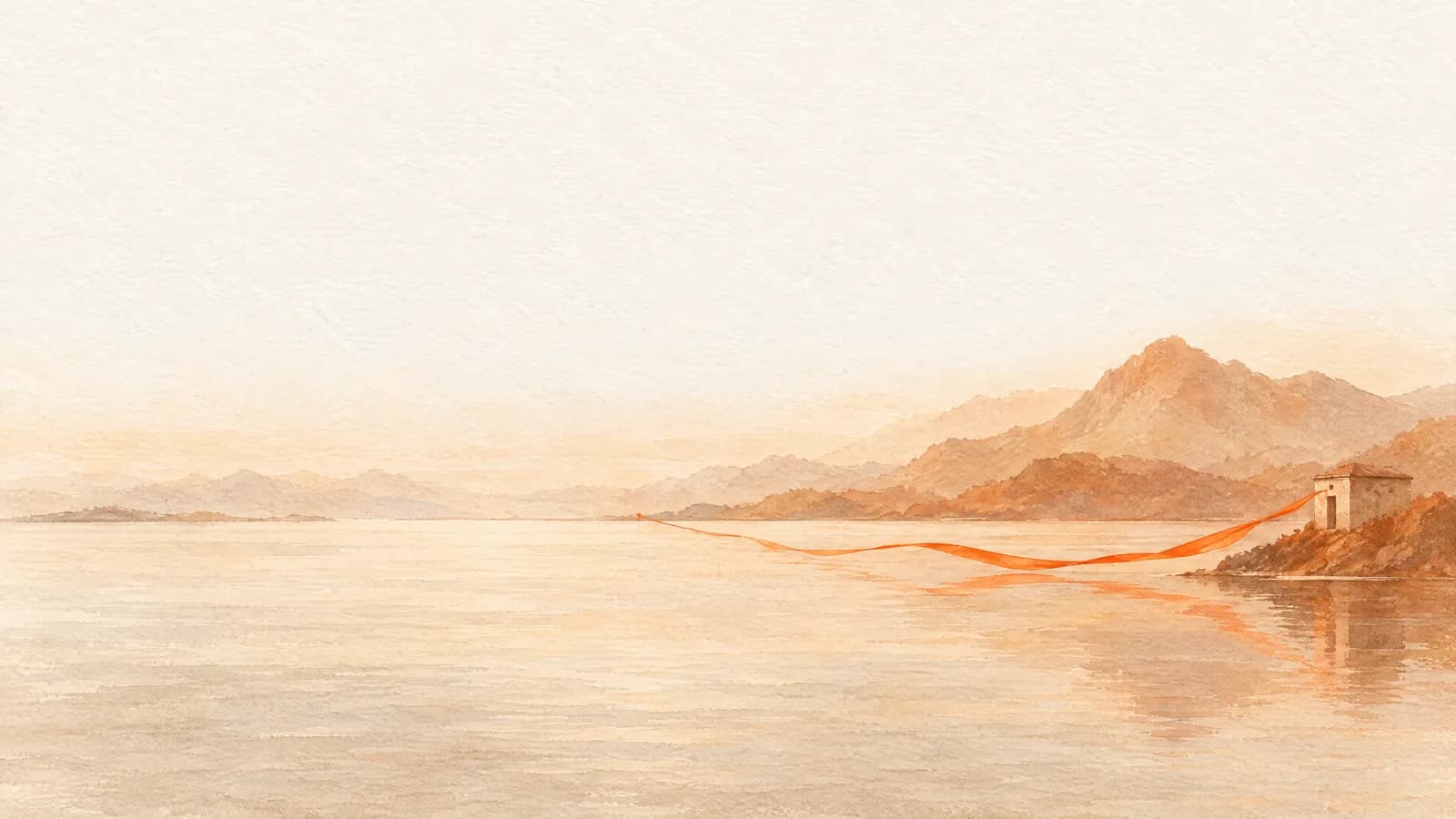 A thin orange ribbon drifting from a small building across still water toward the far shore.