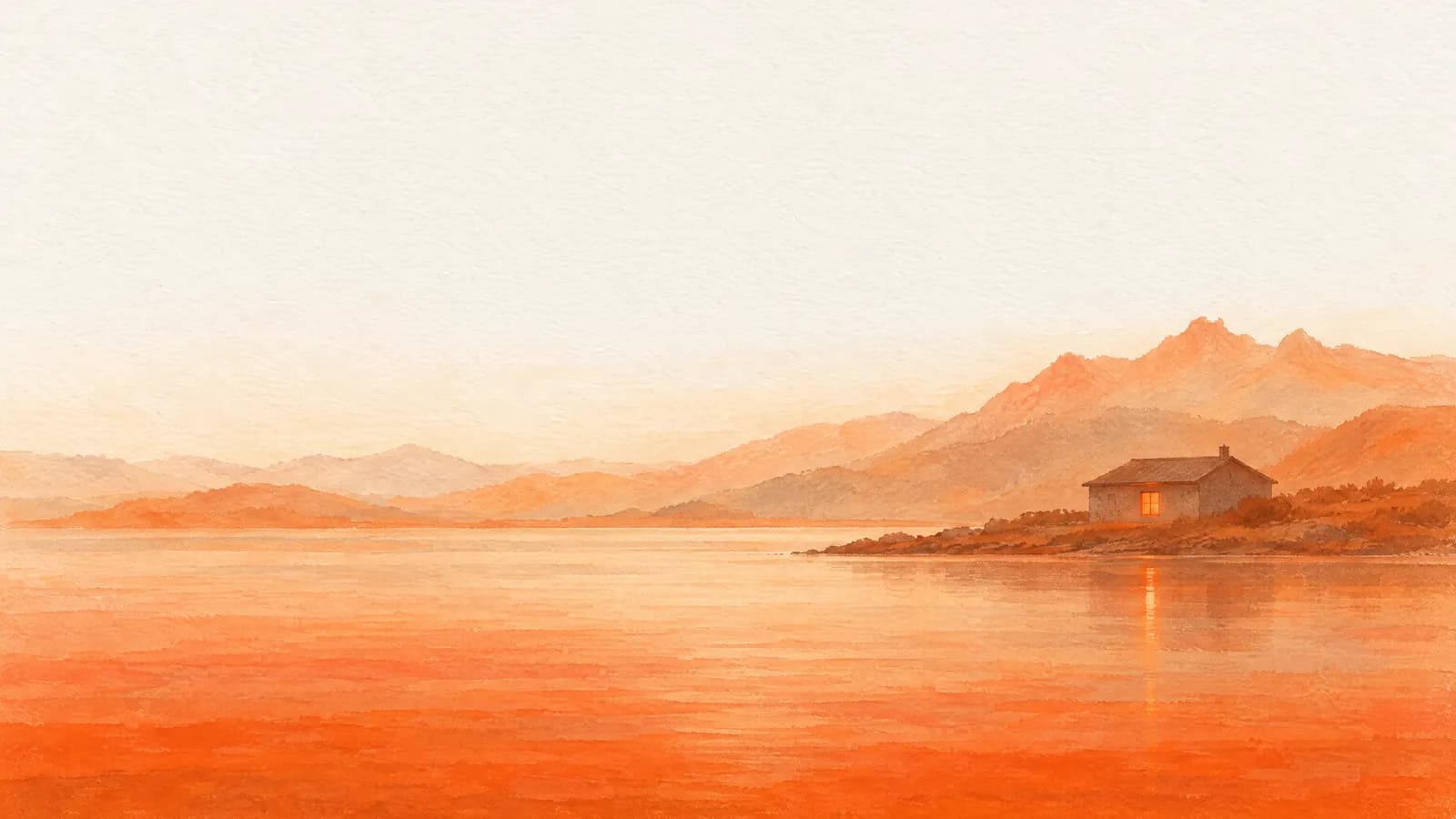 A small building at the edge of still water at dusk, one window lit orange.