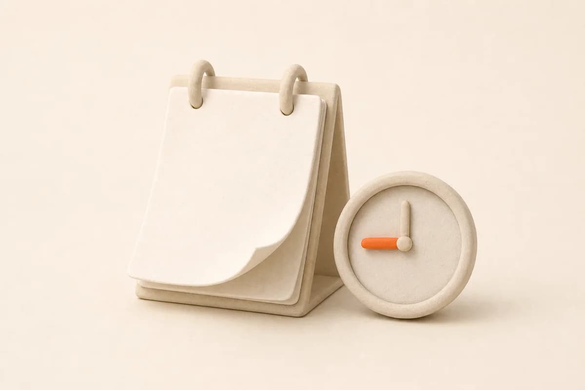 A desk-calendar page with one day lifted at the corner, beside a small clock showing nine o'clock.