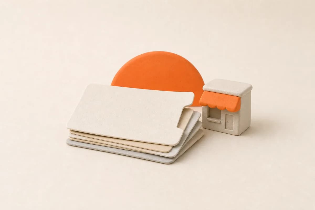 A small stack of ledger cards beside a tiny storefront, with a low sun arc behind them.