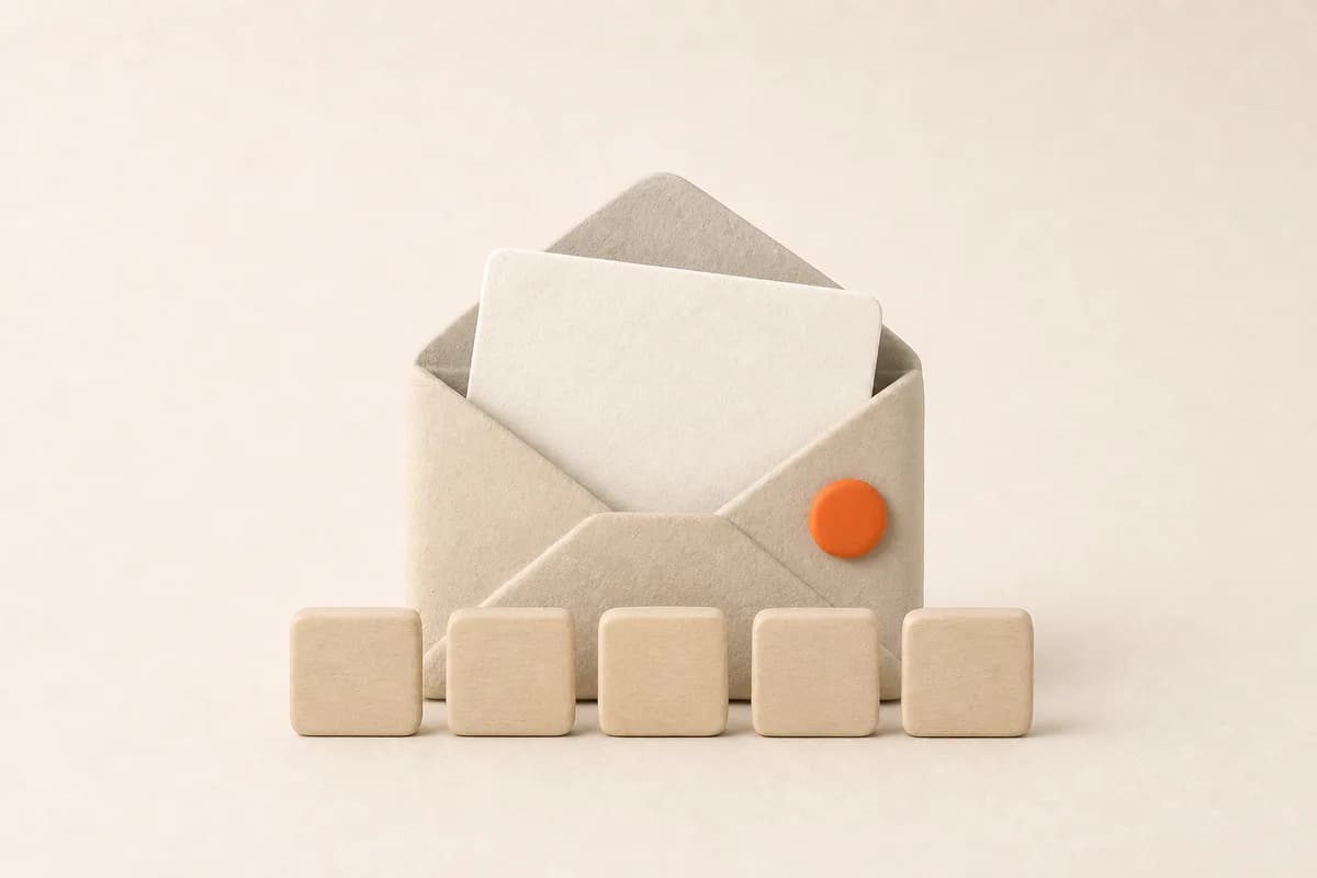 An open envelope with a letter half out and a row of small blank tiles in front of it.