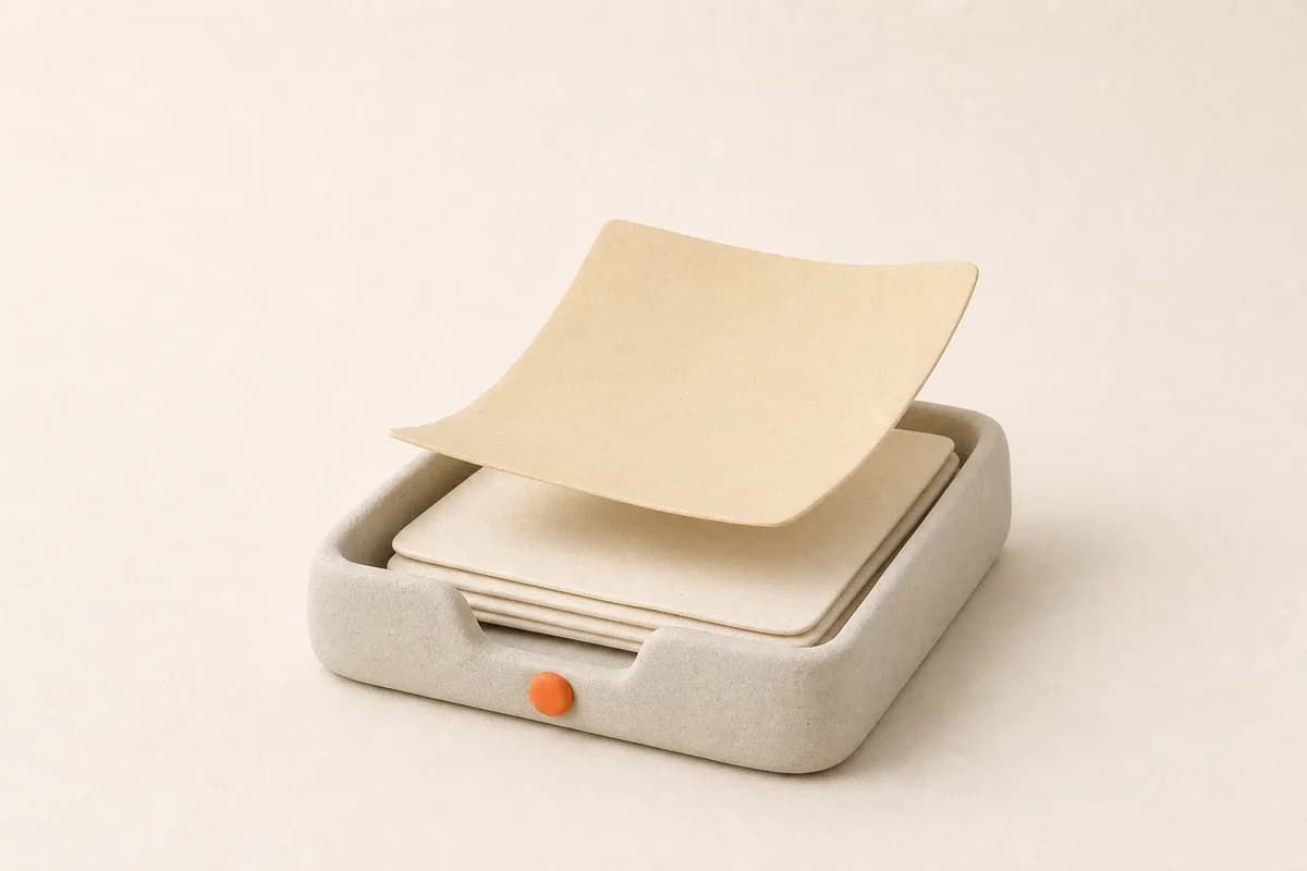 A paper inbox tray holding a few sheets, one pale yellow sheet lifted above the rest.