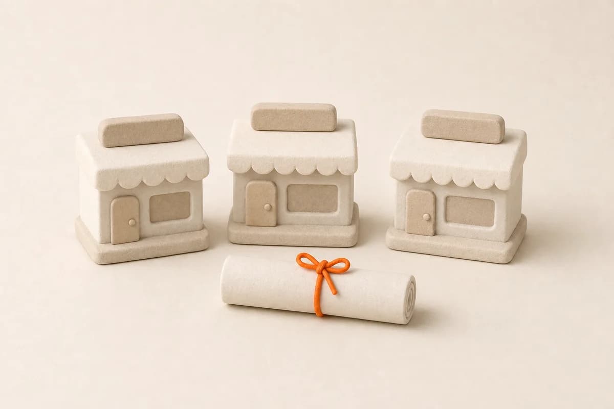 Three tiny storefronts in a row with a rolled paper report tied in orange ribbon in front.