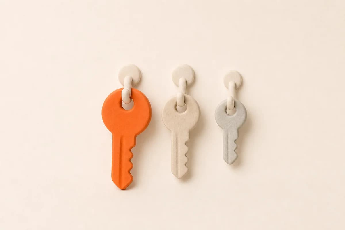 Three keys of graduated size hanging on three hooks, the largest in orange.